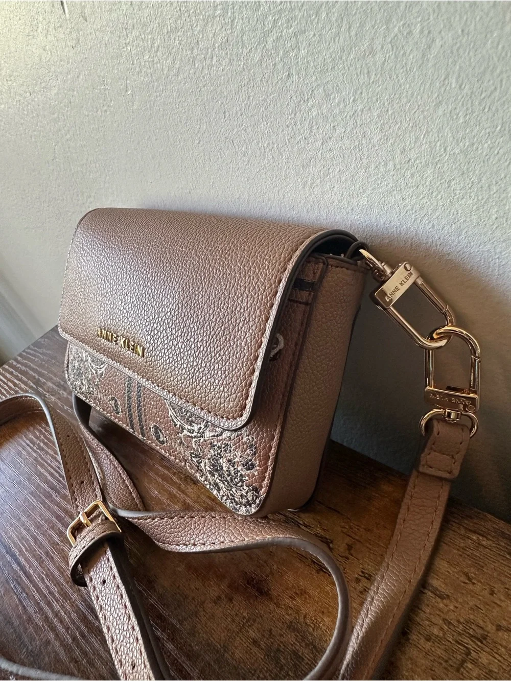 Anne Klein Taupe Brown Pebbled Faux Leather Crossbody with Patterned Accent NWOT